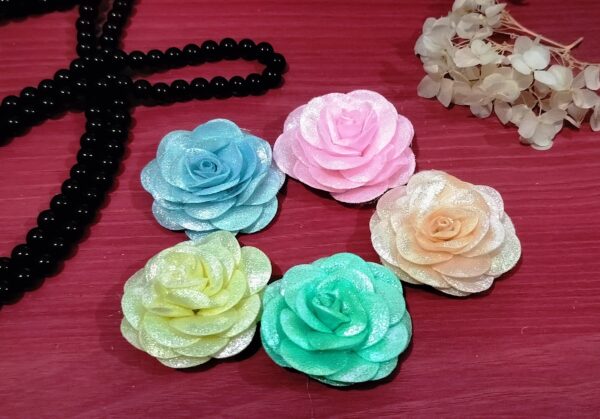 Artificial Glitter Fabric Rose Flowers 5.5cm for Home Decoration, Dress, Boutique, DIY Art Craft (Pack of 5 Pcs) (Multicolor)