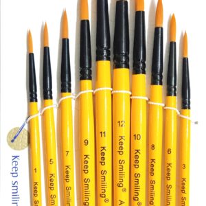 Keep Smiling Artist Brushes Round Shape Nylon Hair Wooden Handle for Acrylic Watercolor Oil Painting, Craft Detailing Artwork, Sizes: 1, 3, 5, 6, 7, 8, 9, 10, 11, 12 (Pack of 12 Pcs)