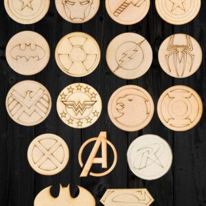 Marvel Avengers DC Collection Superhero Logo Collectibles Pre Marked Laser MDF Wood Cutouts (4 Inch | 2mm Thick) (Combo Pack of 17 Pcs)