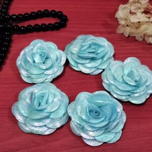 Artificial Glitter Fabric Rose Flowers 5.5cm for Home Decoration, Dress, Boutique, DIY Art Craft (Pack of 5 Pcs) (Sky Blue)