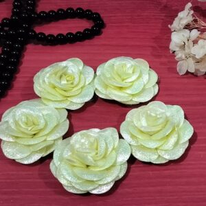 Artificial Glitter Fabric Rose Flowers 5.5cm for Home Decoration, Dress, Boutique, DIY Art Craft (Pack of 5 Pcs) (Lemon Yellow)