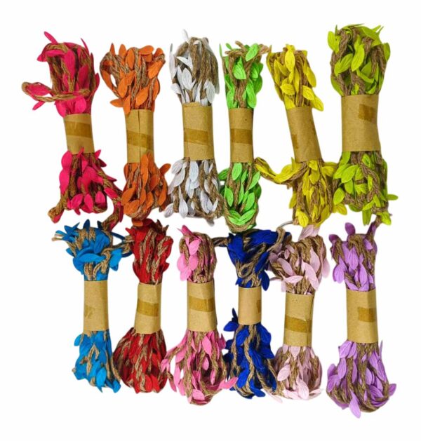 Multicolor Decorative Satin Leaf Jute Twine Bundle, 12 Vibrant Colours, Natural Craft String for DIY Art, Craft, Decoration (Pack of 12 Bundles)